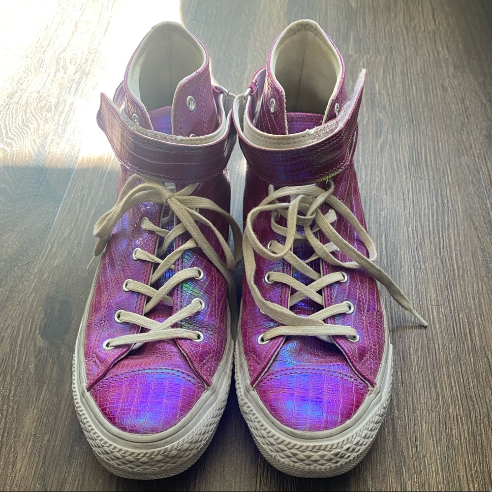 Iridescent pink high-top converse